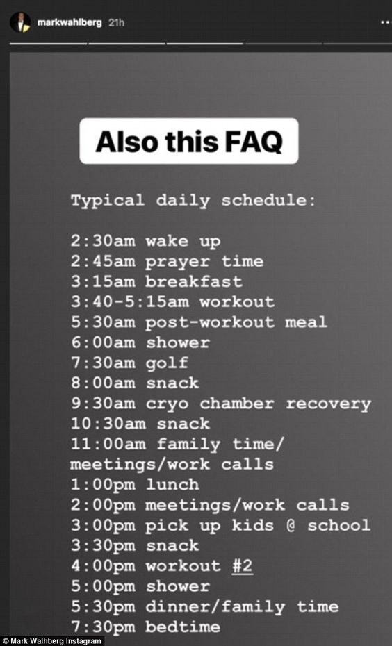 Stay at home mom Mark Wahlberg daily schedule