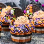 front view of Halloween Oreo cupcakes with Oreo frosting