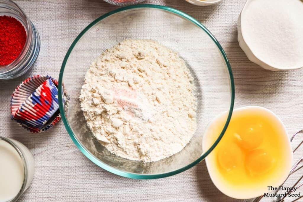 flour in bowl for fourth of july cupcakes