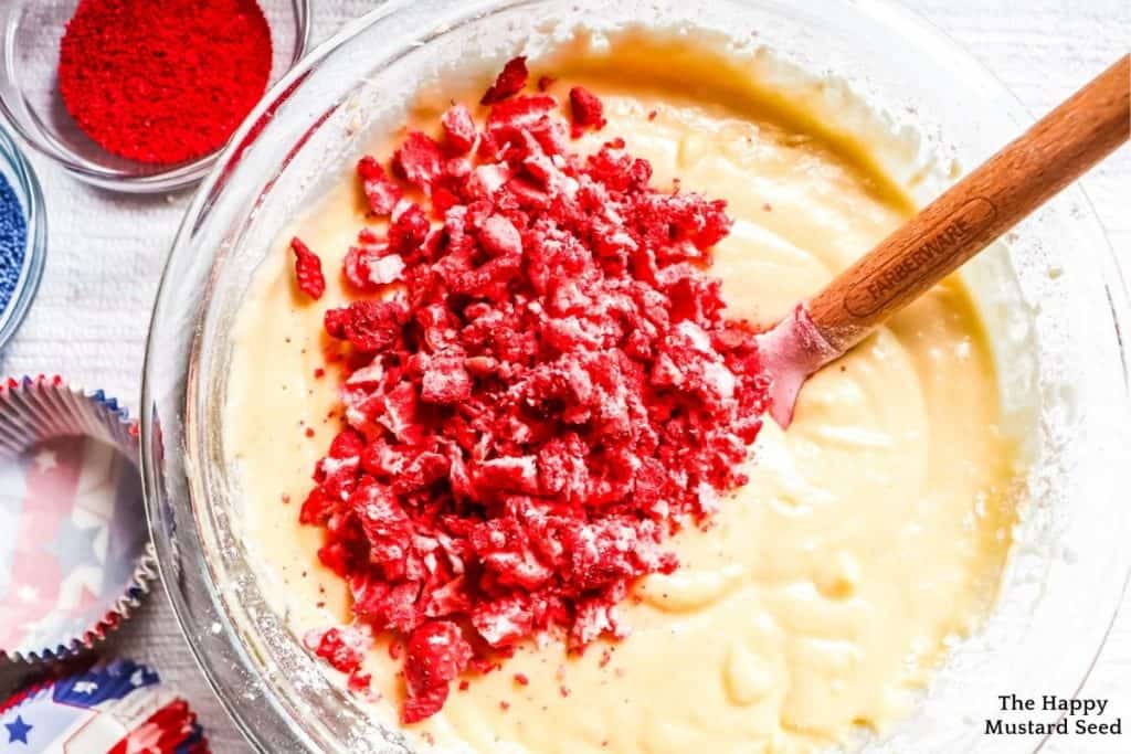 top view of cupcake batter in bowl for patriotic cupcakes