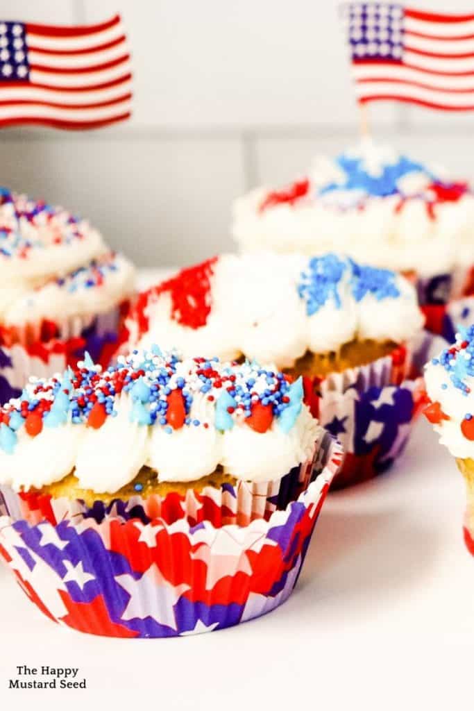 front view of cupcakes with frosting for fourth of july