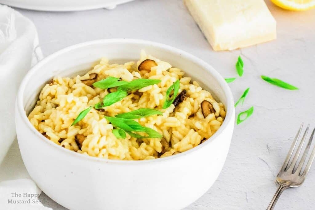 Mushrooms and rice in bowl with green onions 