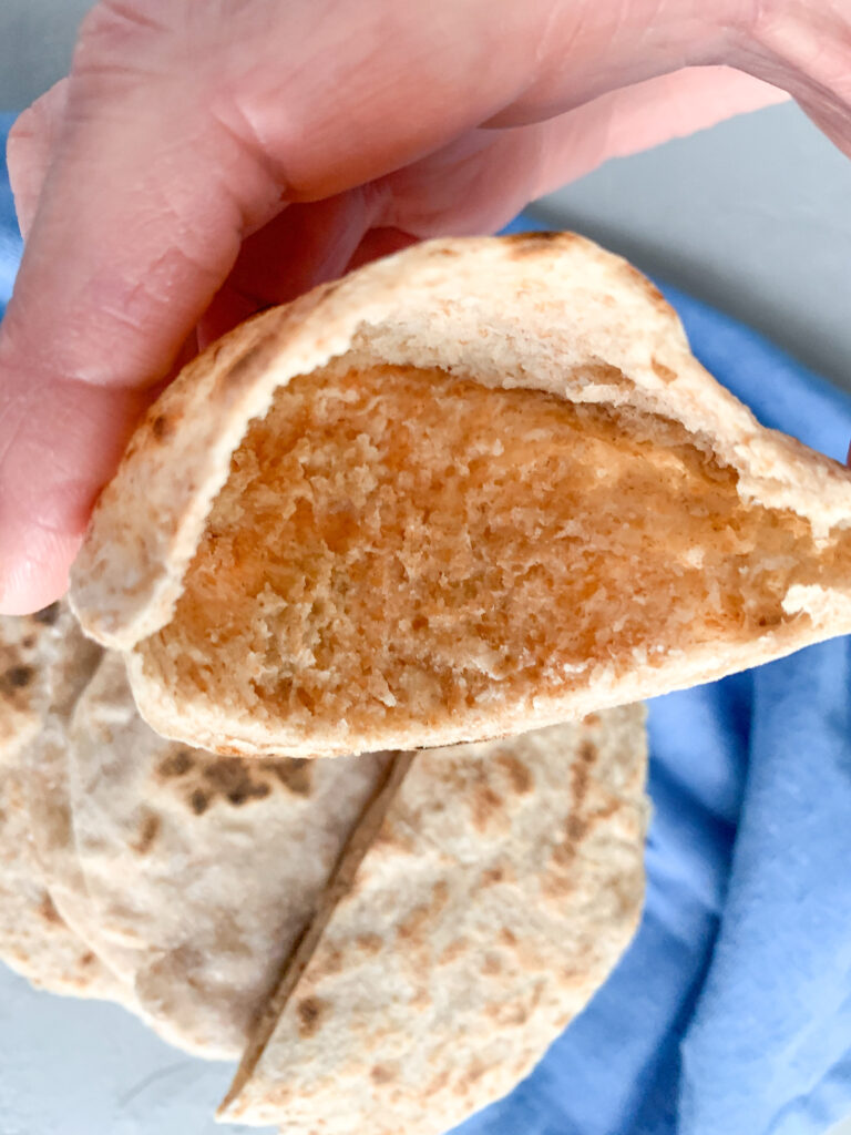The inside of homemade pita bread from sourdough discard