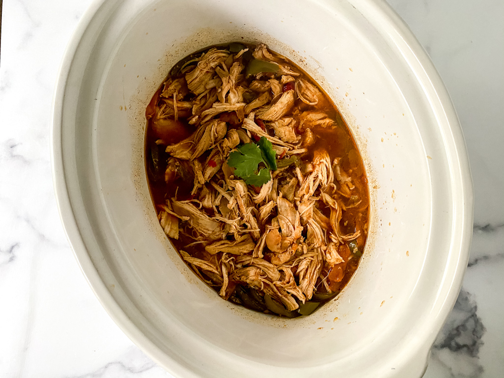 top view of Crockpot chicken fajitas with cilantro