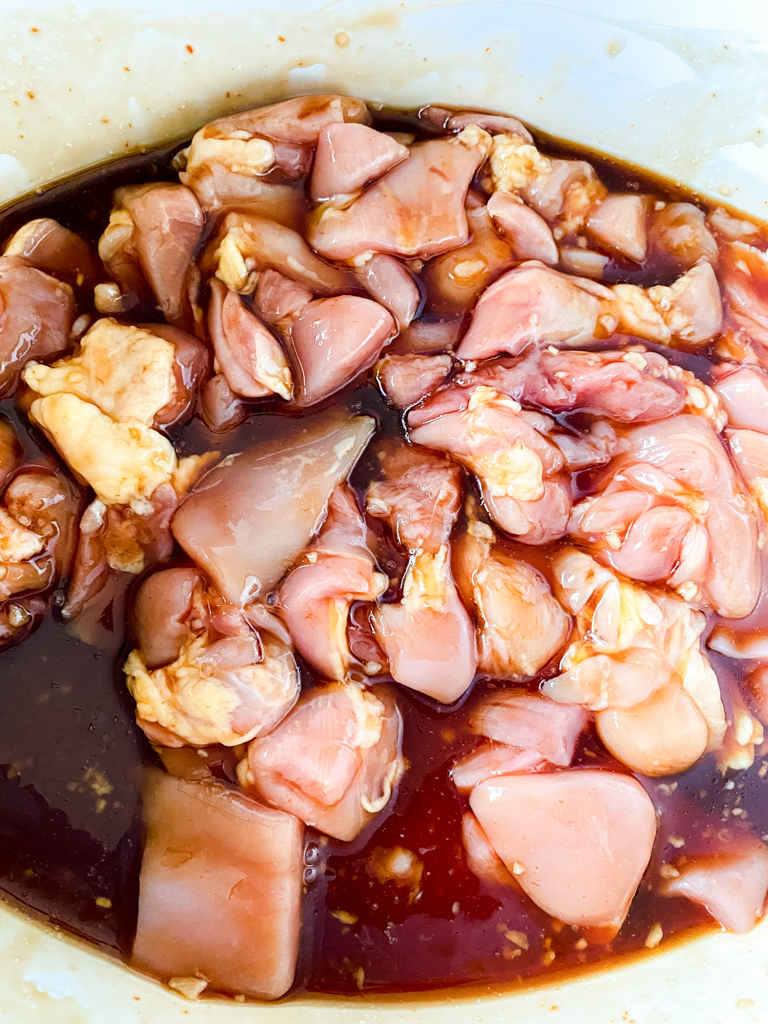 raw chicken marinated in sauce for Crockpot sesame chicken