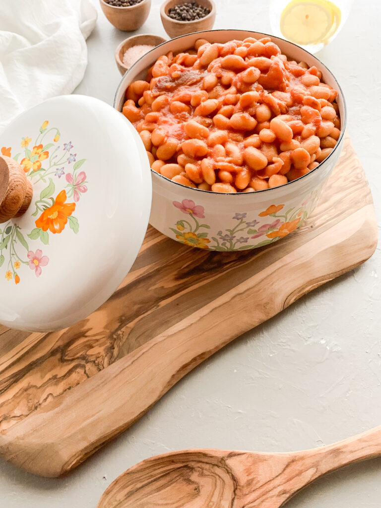 Pork-and-Beans-in-flower-enamel-pot