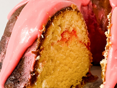 close view of strawberry pound cake on white plate
