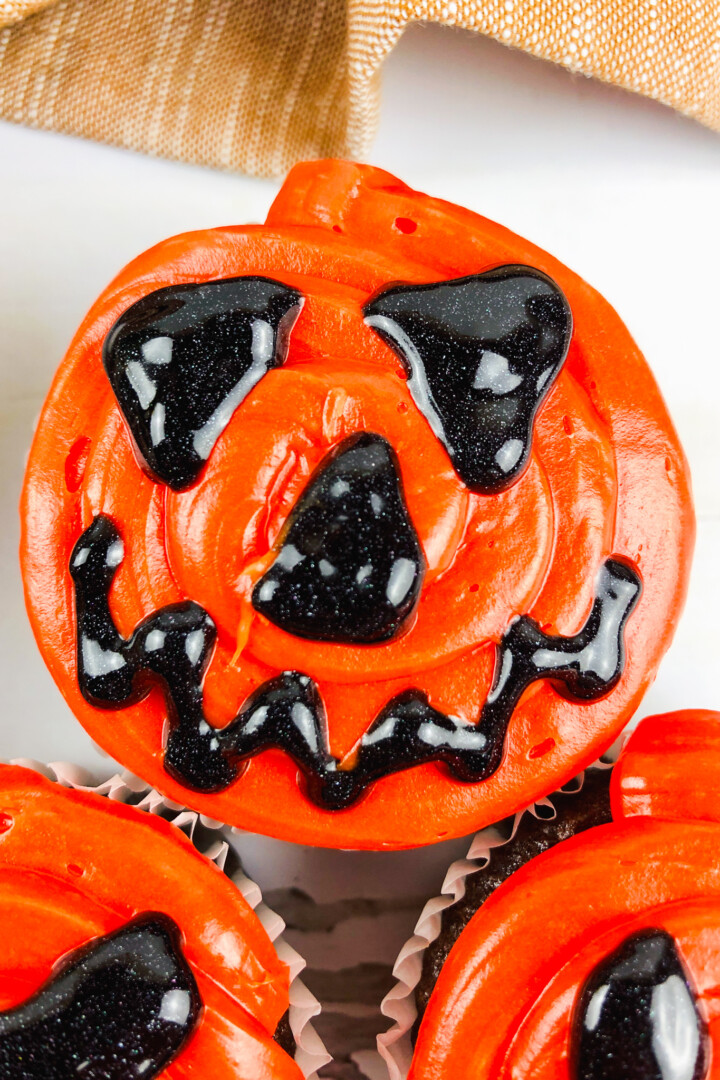 top view of Halloween jack-o-lantern cupcakes
