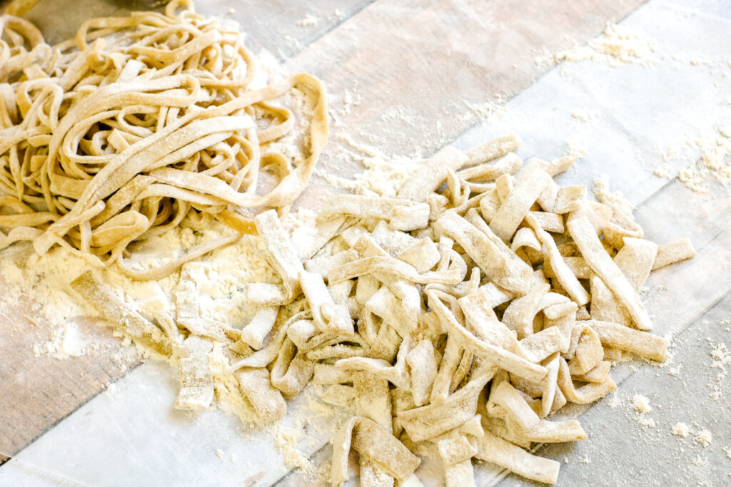 two groups of homemade pasta made without a machine